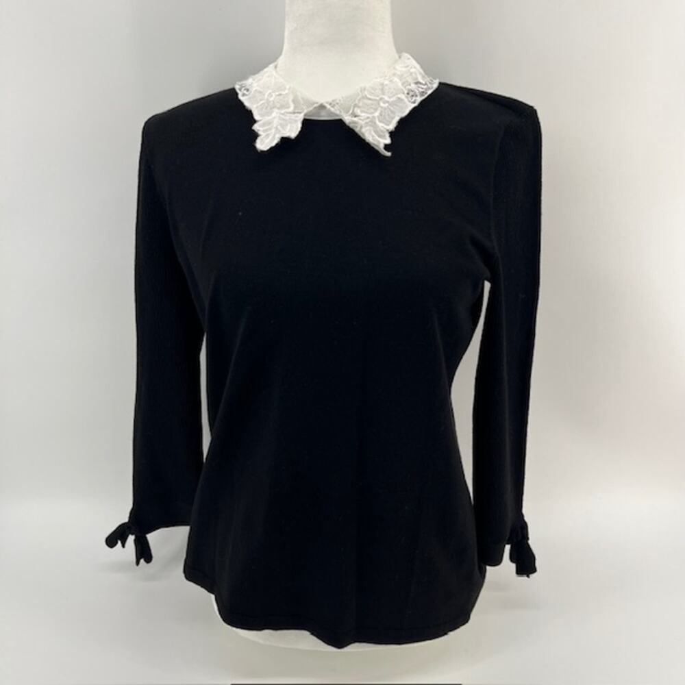 Karl Lagerfeld Lace Contrast Collar Knit Top Blouse Womens S Black Ribbed Sleeve